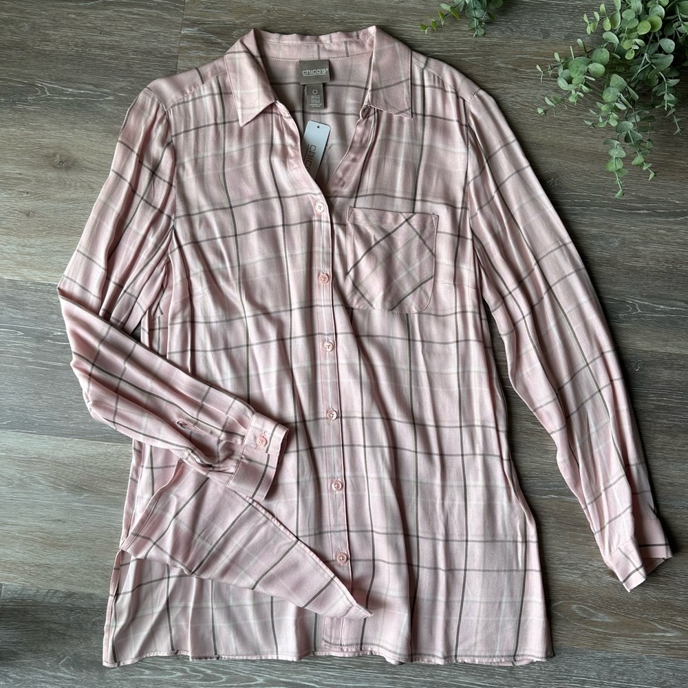 Chicos Baby Pink Plaid Button Down Long Sleeve Top
